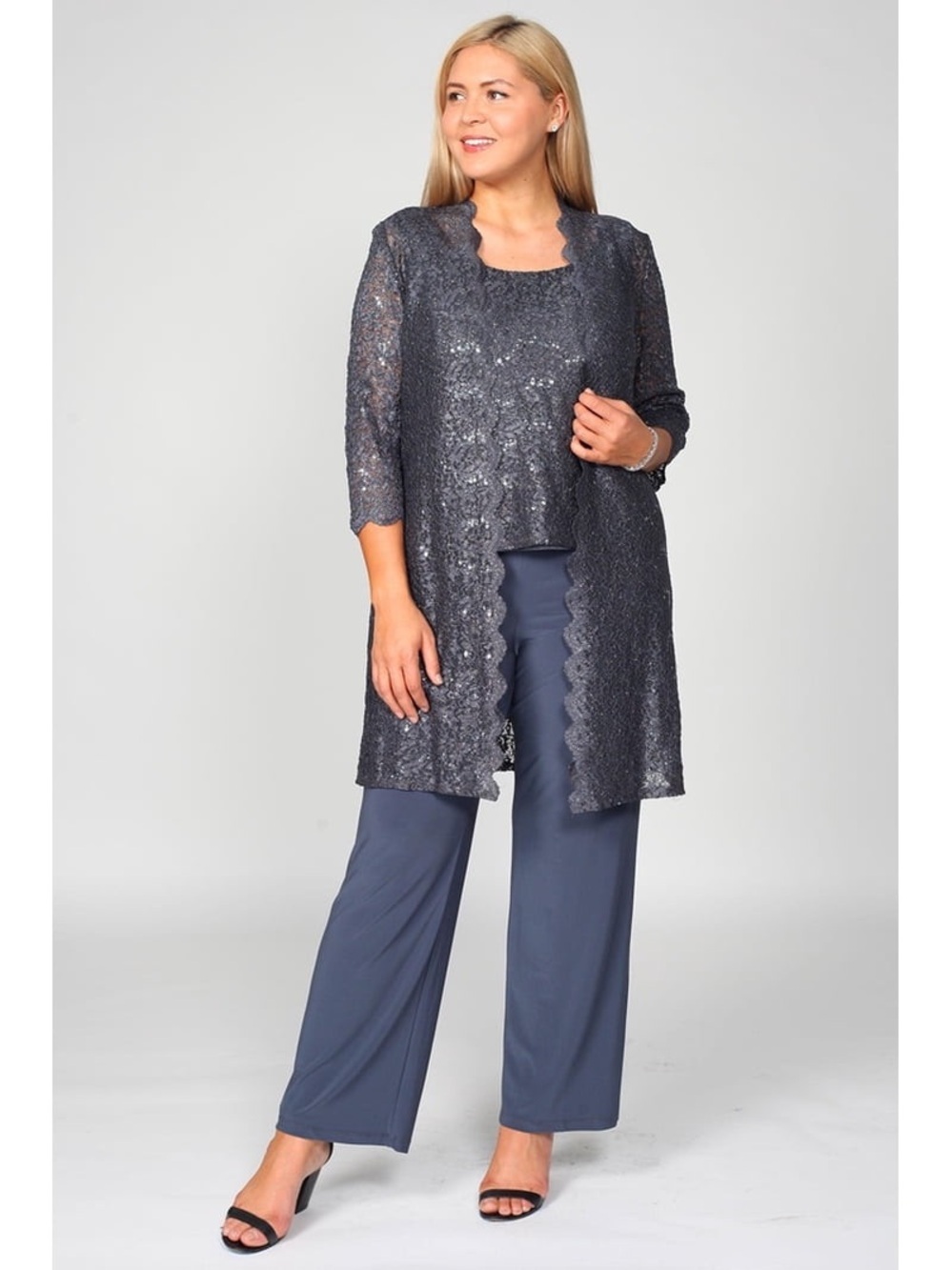 R&M Richards Women’s Elegant 3-piece Pant Set Scalloped Edge Sequin Sz 10